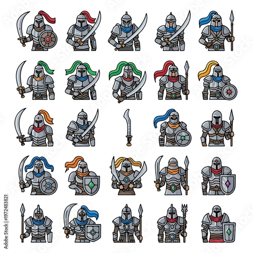 Collection of medieval knights and warriors with swords and shields.