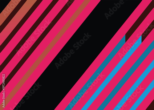 Parallel pink and brown diagonal stripes intersect with a solid black band and blue geometric shapes in a flat vector art composition.