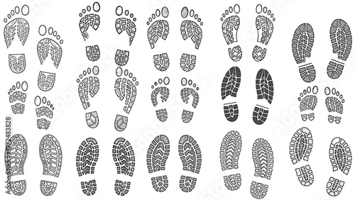 Comprehensive collection of diverse shoe and foot prints in grayscale, showcasing various textures and patterns from different footwear and bare feet.