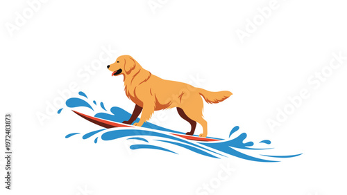 Dynamic and playful illustration of a happy golden retriever gracefully surfing on a blue wave, showcasing its adventurous spirit and love for water activities.