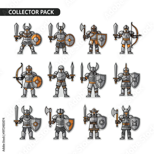 Collection of Medieval Knights and Warriors with Various Weapons and Shields.