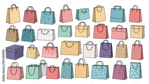 Extensive collection of diverse patterned shopping bags and gift boxes in various colors and sizes, perfect for retail, gift-giving, and festive themes.