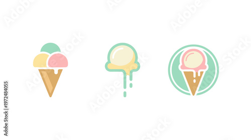 Cute Ice Cream Cones and Scoops Icons Set: Pastel Colors, Summer Treats