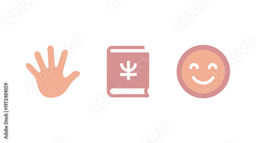Hand, Book, Smiley Face Icons: Psychology, Learning, Happiness Concept