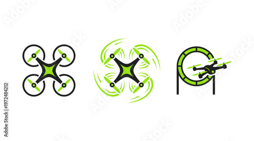 Drone icons: static, spinning, and flying through hoop