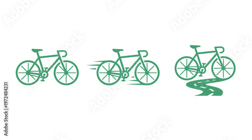 Green Bicycle Icons: Stationary, Speeding, and On a Winding Road