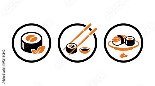Sushi Icons: Roll, Chopsticks, and Platter Set - Japanese Food Graphic
