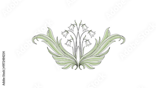 Elegant symmetrical decorative element featuring delicate bellflowers and ornate swirling leaves, presented in a unique dashed line art style.