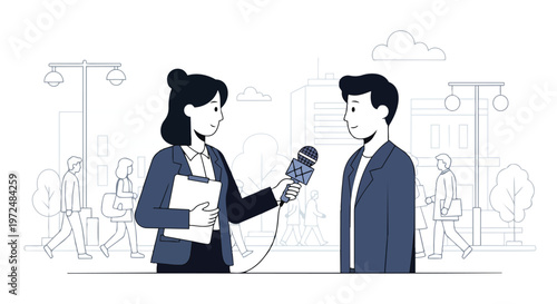 Journalism Interview Concept Flat 2D Illustration with Reporter and Man