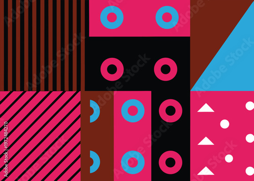 Magenta and blue geometric patterns including ringed targets diagonal lines blue triangle and white dots are arranged in a structured grid.