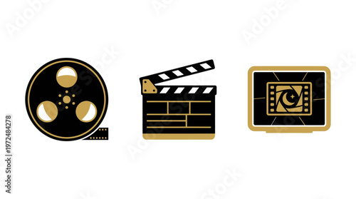 Film reel, clapperboard, and monitor icons symbolizing cinema and movie production