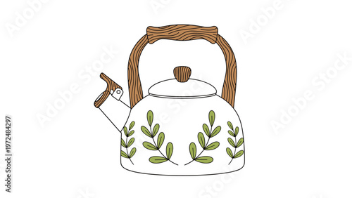 Adorable cartoon illustration of a charming white enamel teapot with a green leaf pattern and a rustic wooden handle, on a white background.
