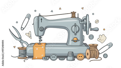 Detailed illustration of a classic vintage sewing machine surrounded by an array of essential sewing notions and tools, on a white background.