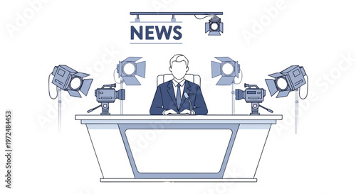 Journalism News Broadcast Studio with Anchor and Cameras Flat 2D Concept