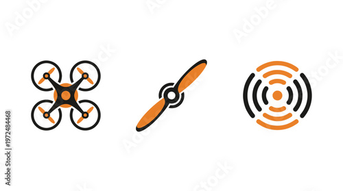 Drone Icon, Propeller Icon, Signal Icon - Vector Graphics Set