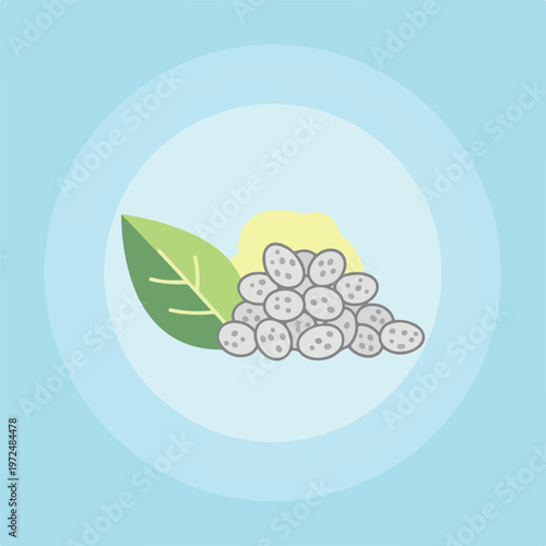 Illustration of a pile of chia seeds next to a green leaf.