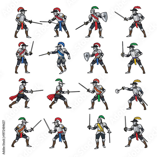 Collection of Medieval Knights in Combat Poses.