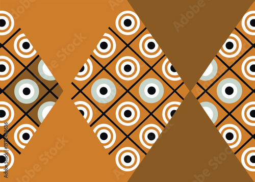 Repeating diamond shapes containing a grid of concentric black and white circles set against solid orange and brown triangular background segments.