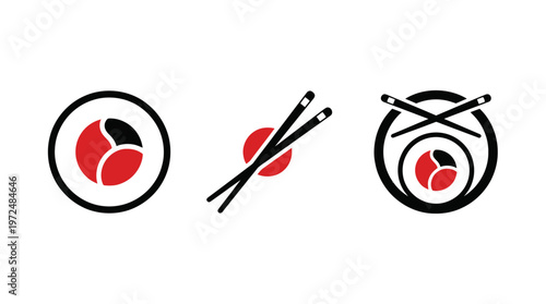 Minimalist Sushi Icons: Maki Roll, Chopsticks, and Sushi Plate on White Background