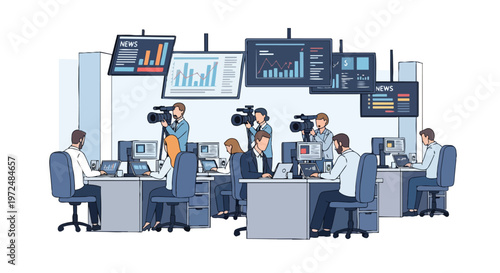 Journalism Newsroom Concept with Reporters and Cameramen Working Flat 2D