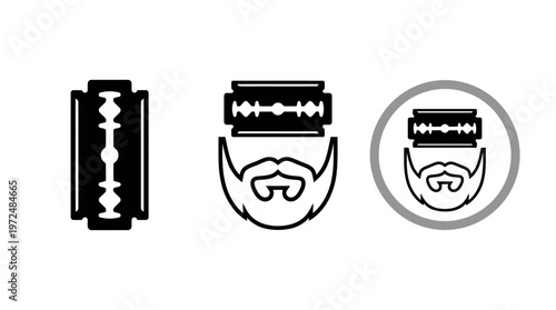 Beard Grooming Icons: Razor Blade, Mustache and Beard Silhouette, Circular Emblem