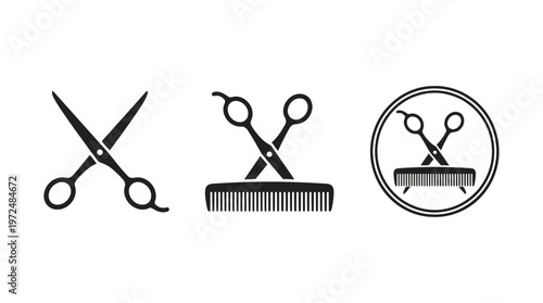 Hairdresser Scissors and Comb Icons - Professional Barber Tools Set