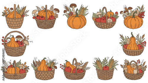Extensive collection of rustic autumn harvest baskets and pumpkins, richly filled with a diverse array of fresh fall produce and wheat.