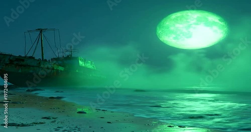 Abandoned ship on moonlit beach shore.