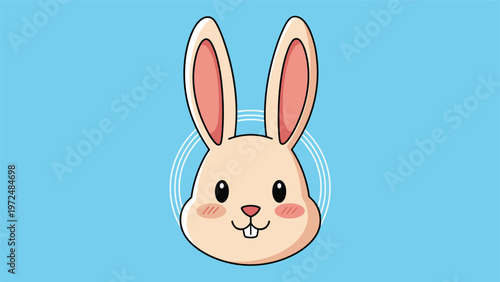 Adorable cartoon illustration of a cute bunny rabbit head with long ears, rosy pink cheeks, and buck teeth, on a soft blue background.