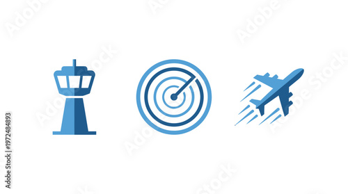 Airport Control Tower, Radar and Airplane Icons - Aviation and Air Traffic Control Concept