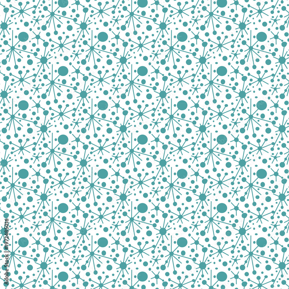 Atomic blue starburst and retro mid century dots seamless pattern scientist background