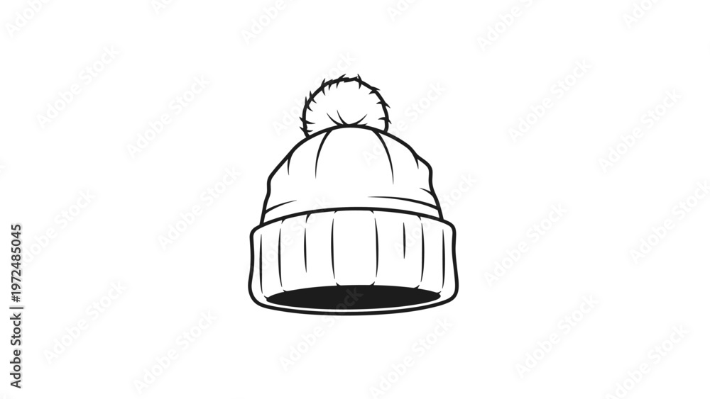 Fototapeta premium Classic black and white line art illustration of a cozy winter beanie hat with a fluffy pompom, perfect for cold weather.