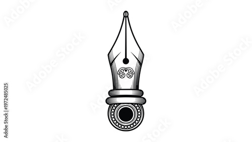 Detailed black and white illustration of an elegant vintage fountain pen nib with ornate classical design, symbolizing writing and creativity.