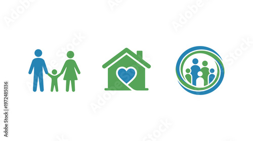 Family Home Care Icons: Parents, Child, House with Heart, Circle of People