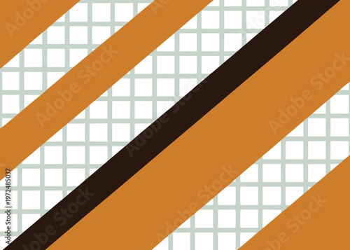 Wide diagonal bands of ochre and dark brown stripes overlaid on a light grey and white square grid pattern background.