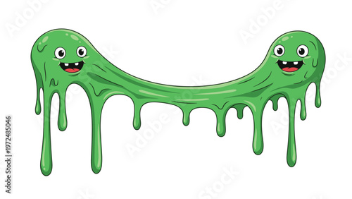 Adorable cartoon illustration of two happy green slime monsters stretching and dripping, showcasing their playful, gooey nature.