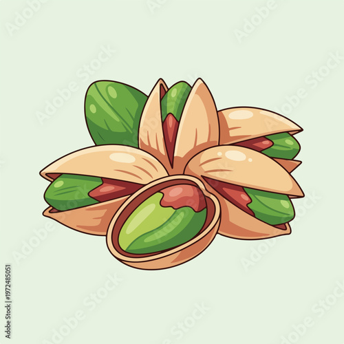 Illustration of a pile of delicious green pistachios with open shells.