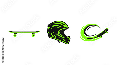 Skateboard, Helmet, and Action Logo Icon Set