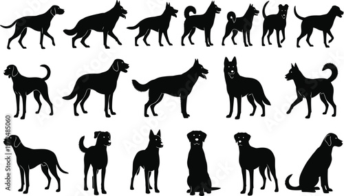 Collection of sixteen dog silhouettes in various poses including standing, walking, sitting, facing different directions, showcasing diverse canine breeds and anatomy