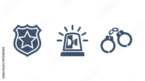 Police badge, siren light, and handcuffs icons on white background