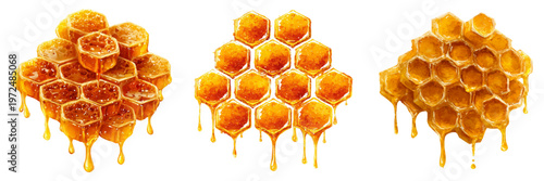 Sweet honey collection featuring watercolor honeycomb patterns, golden droplets, bees, and farm hive icons in warm yellow tones for culinary projects