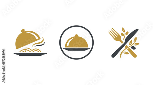 Restaurant Icons: Food Service, Cloche, and Cutlery with Olive Branch