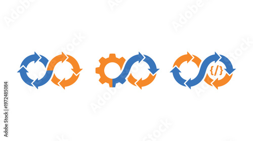 DevOps Infinity Loop Icons: Code, Gear, and Process Flow