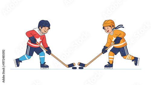 Photography Energetic cartoon illustration of two cheerful children enthusiastically playing ice hockey, wearing helmets and holding sticks