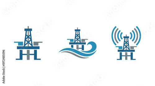Oil Rig Icons: Offshore Platform, Wave, and Signal Transmission