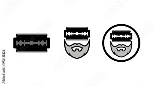 Beard Grooming Icons: Razor Blade, Shaving Man Silhouette, and Circular Emblem