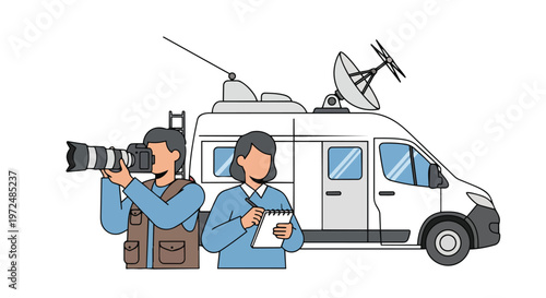 Journalism Team Reporting News with Broadcast Van Flat 2D Concept