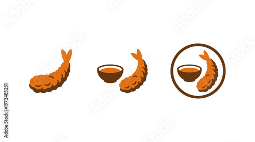 Fried Shrimp Icon Set - Tempura Prawns with Dipping Sauce