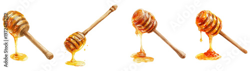 Watercolor honey set with wooden spoon. Sweet syrup dripping, beehive elements, fresh farm produce, isolated on white background.