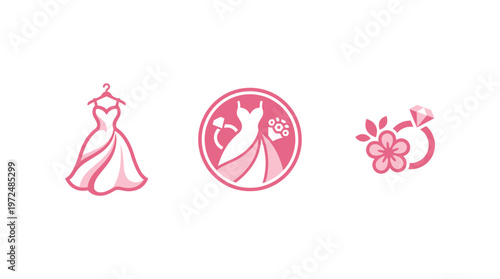 Wedding dress icon, engagement ring icon, bridal bouquet icon, pink, white, minimalist, vector